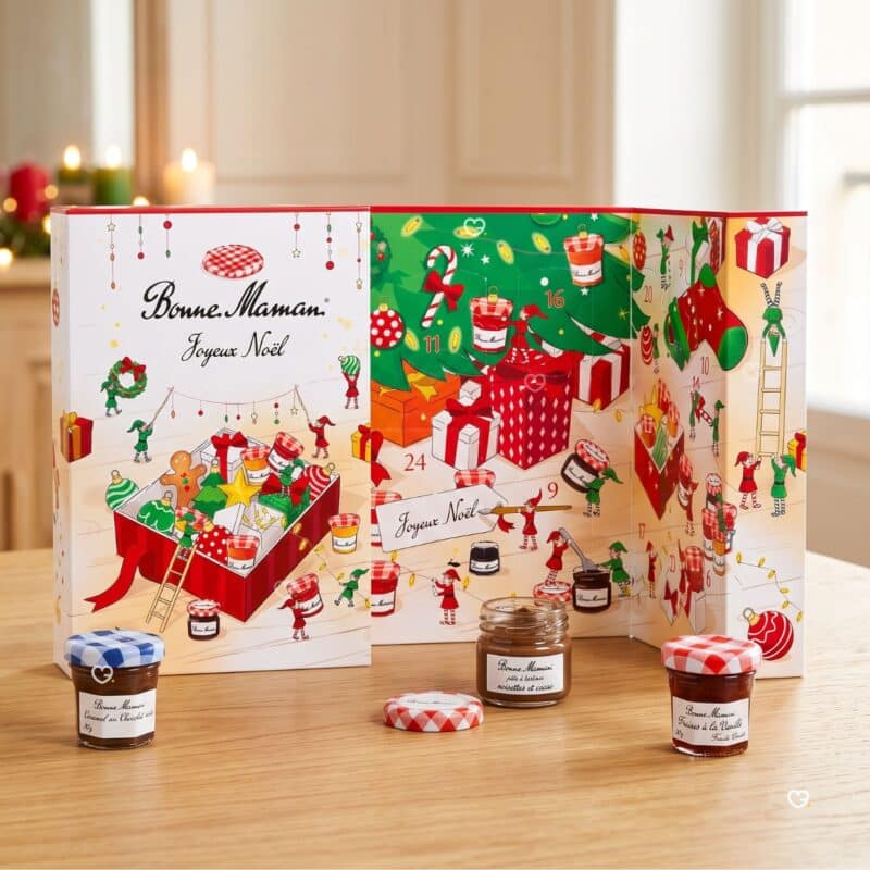Bonne Maman Advent Calendar 2026 open with lit candles and mini jars of jam and caramel