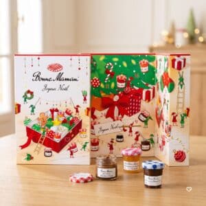 Bonne Maman Advent Calendar 2026 open on a kitchen table showing the mini jam jars, a gourmet advent calendar