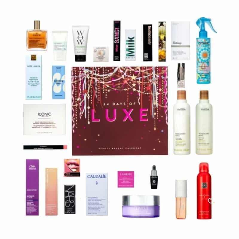 Full contents flatlay of the Boots 24 Days of Luxe Beauty Advent Calendar 2026