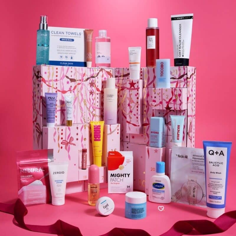 Boots Skincare Advent Calendar 2026 K-beauty contents styled on a pink background