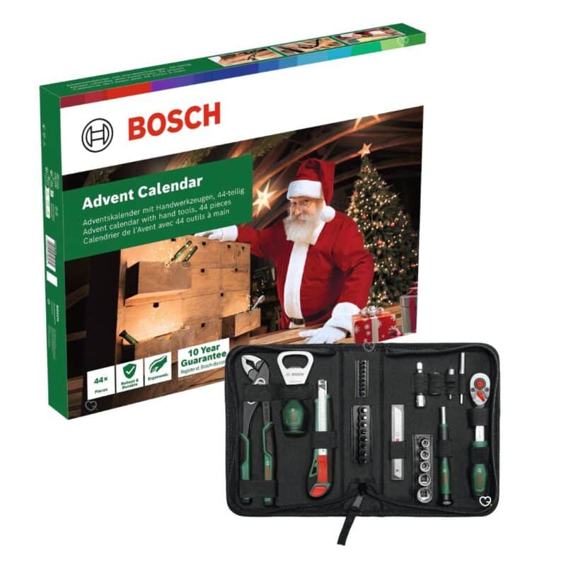 Bosch Advent Calendar 2026 open fabric bag with the tools stored inside