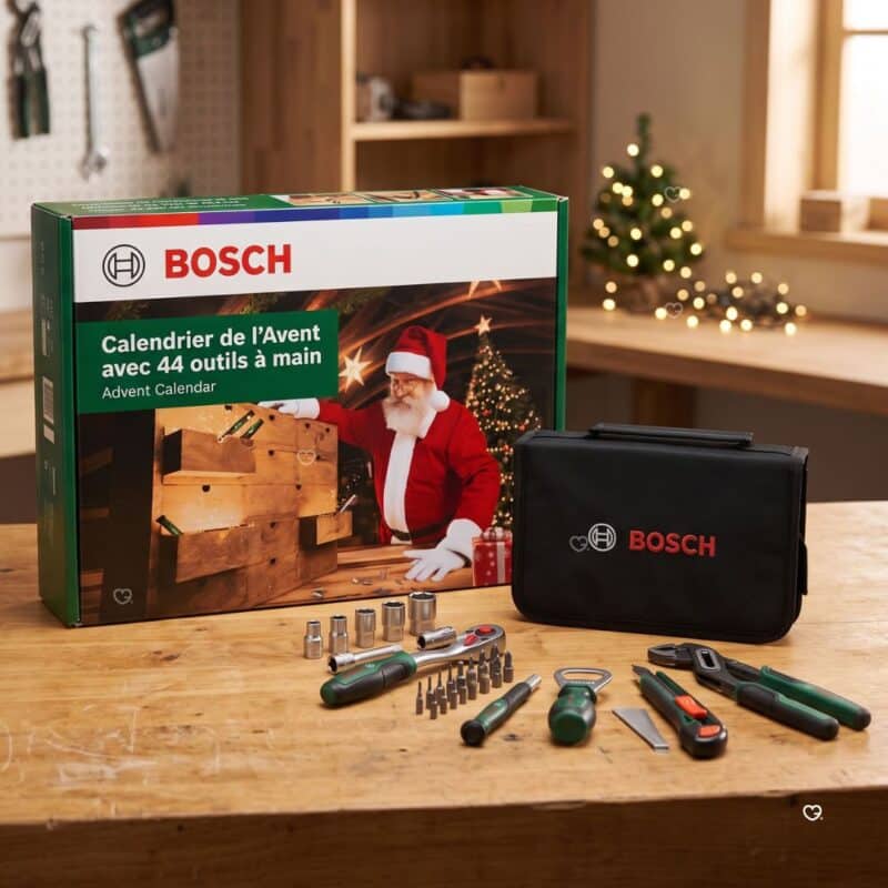 Bosch Advent Calendar 2026 box and tools beside a Christmas tree
