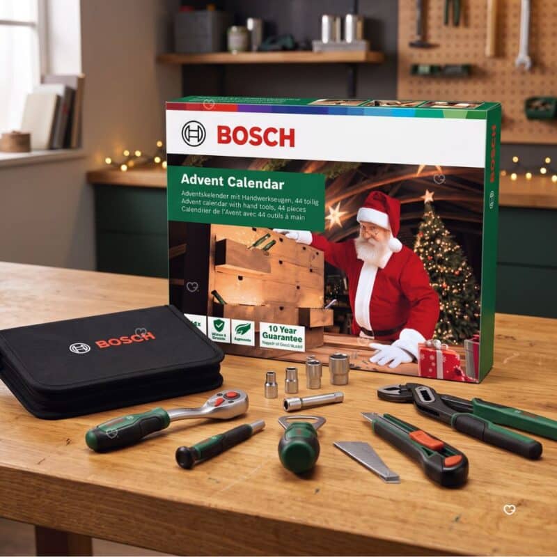 Bosch Advent Calendar 2026 box, bag and tools laid out