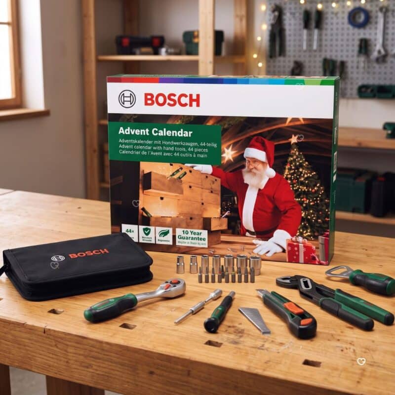 Bosch Advent Calendar 2026 box, bag and tools in a workshop
