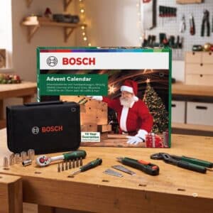 Bosch Advent Calendar 2026 fabric bag and 44 tools on a workbench
