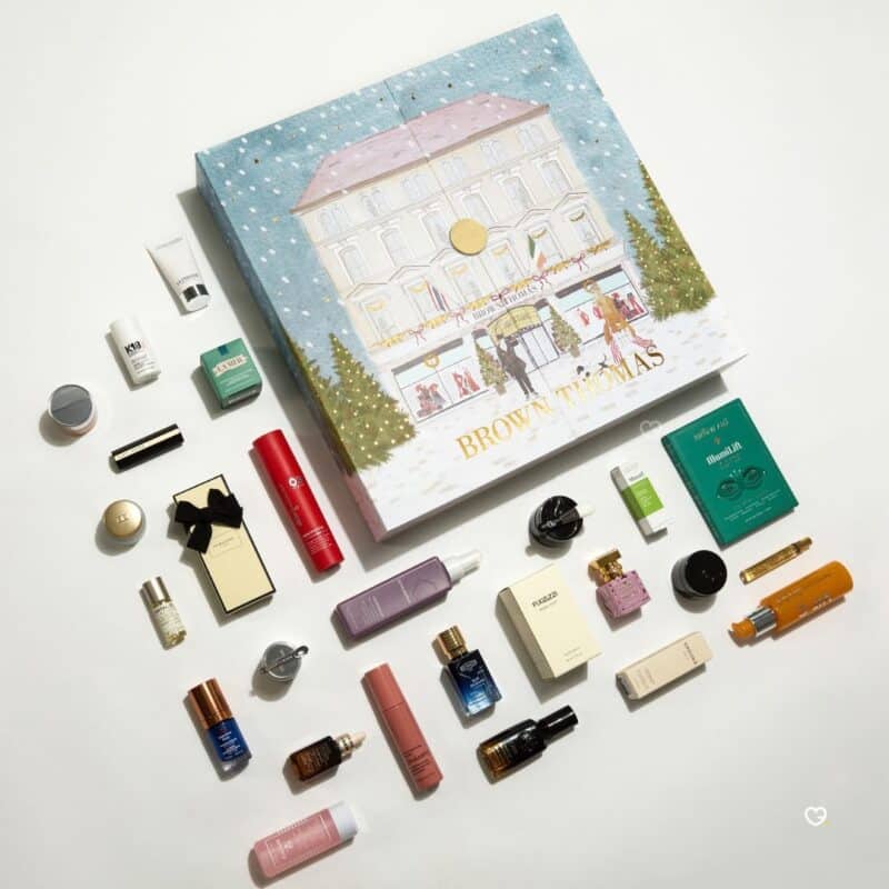 Brown Thomas Advent Calendar 2026 flat-lay of the box with its full-size prestige products