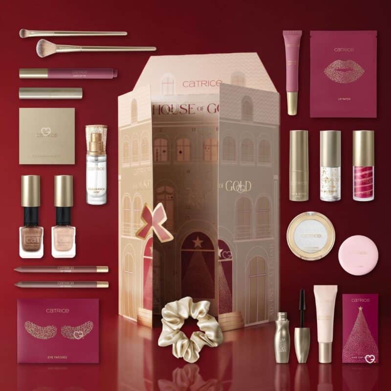 Catrice advent calendar 2026 contents laid out door by door: brushes, lip products, nail polishes, eye patches and fragrance mist