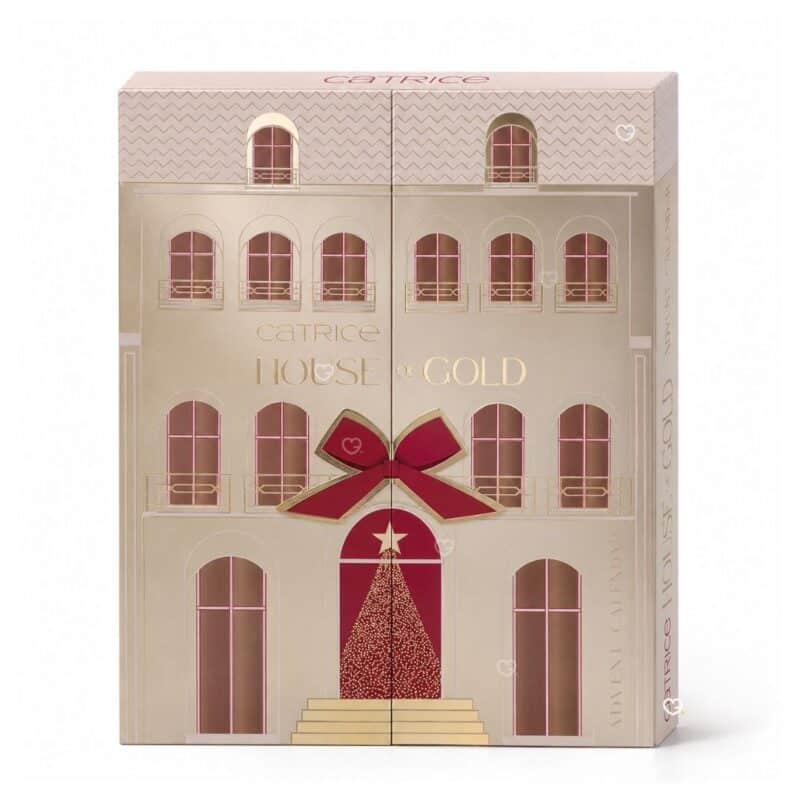 Catrice Advent Calendar 2026 House Of Gold, golden house-shaped box with red bow, front view on white background