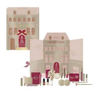 Catrice House Of Gold advent calendar 2026, the box open beside the full spread of 24 makeup products