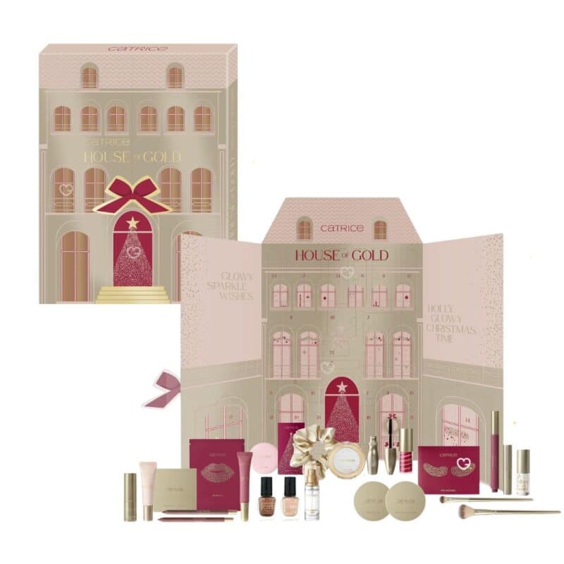 Catrice House Of Gold advent calendar 2026, the box open beside the full spread of 24 makeup products