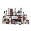 Full lineup of all 24 Cowshed Advent Calendar 2026 products around the wicker hamper on white
