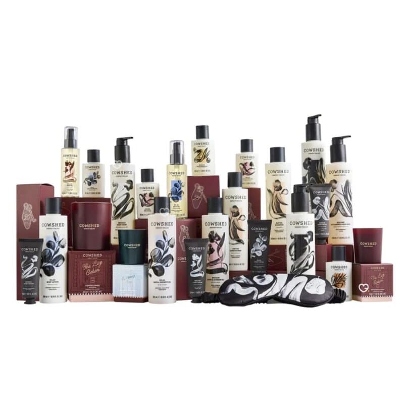 Cowshed Advent Calendar 2026 full product spread with candles, boxes and eye mask on white