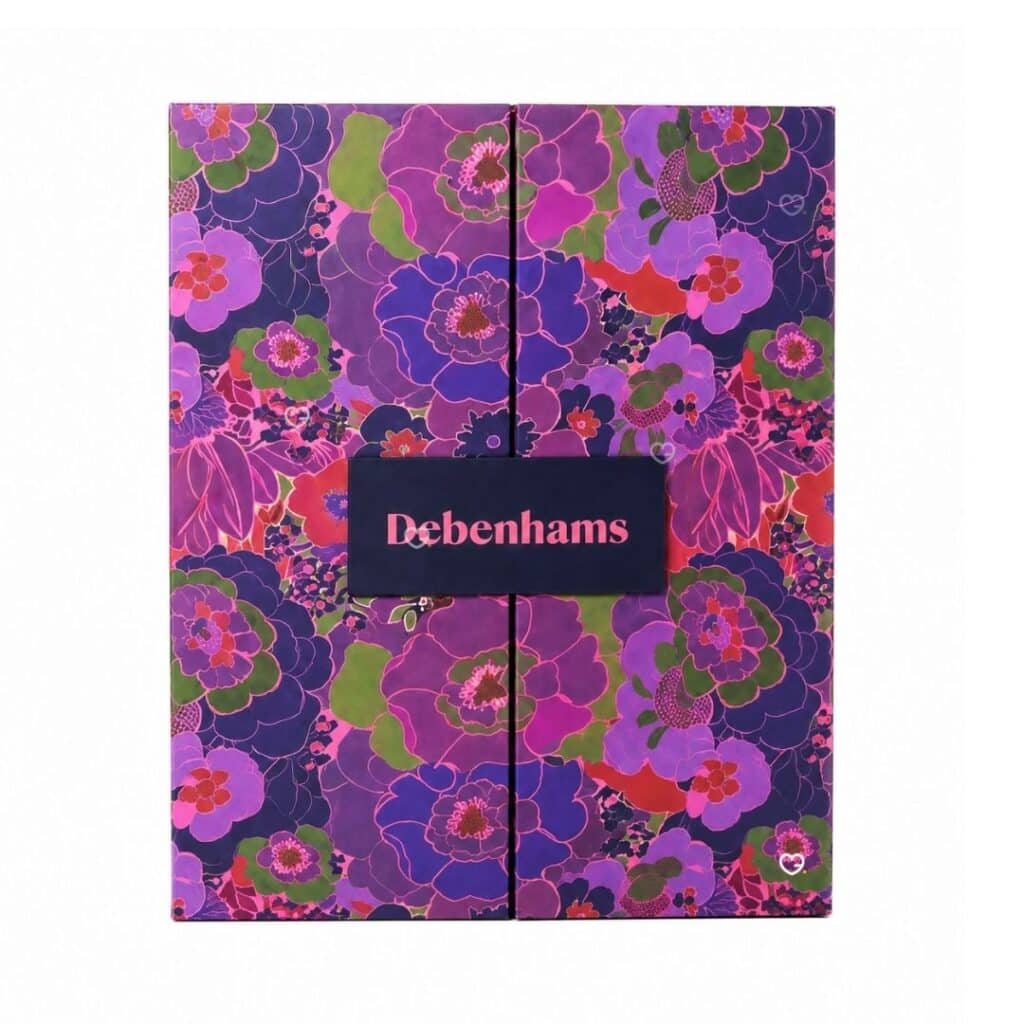 Debenhams Beauty Advent Calendar 2026 closed box with 1960s floral keepsake design