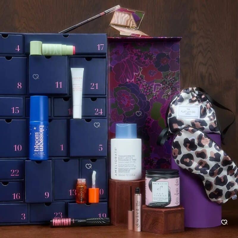 Debenhams beauty advent calendar 2026 flat lay with satin eye mask and pouch