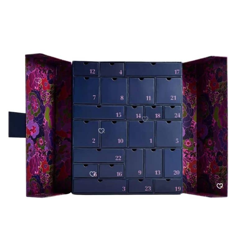 Debenhams beauty advent calendar 2026 open box revealing 24 numbered drawers