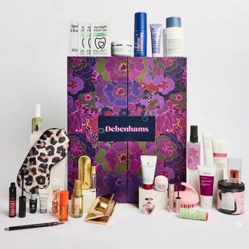 Debenhams advent calendar 2026 full-size beauty products laid out
