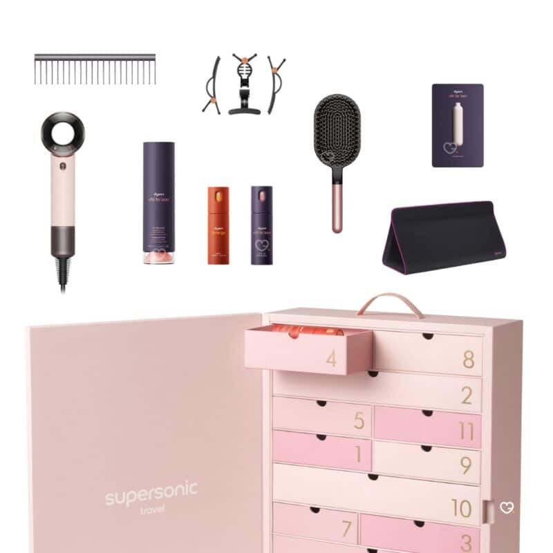 Dyson Advent Calendar 2026 with drawer 4 open and the full haircare line-up arranged above the box
