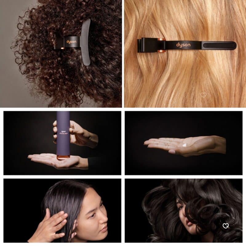 Dyson Advent Calendar 2026 styling close-ups: hair clips, Chitosan Post-Style Serum and finished looks
