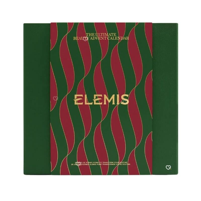 Elemis Advent Calendar 2026 closed keepsake box with green and burgundy wave design