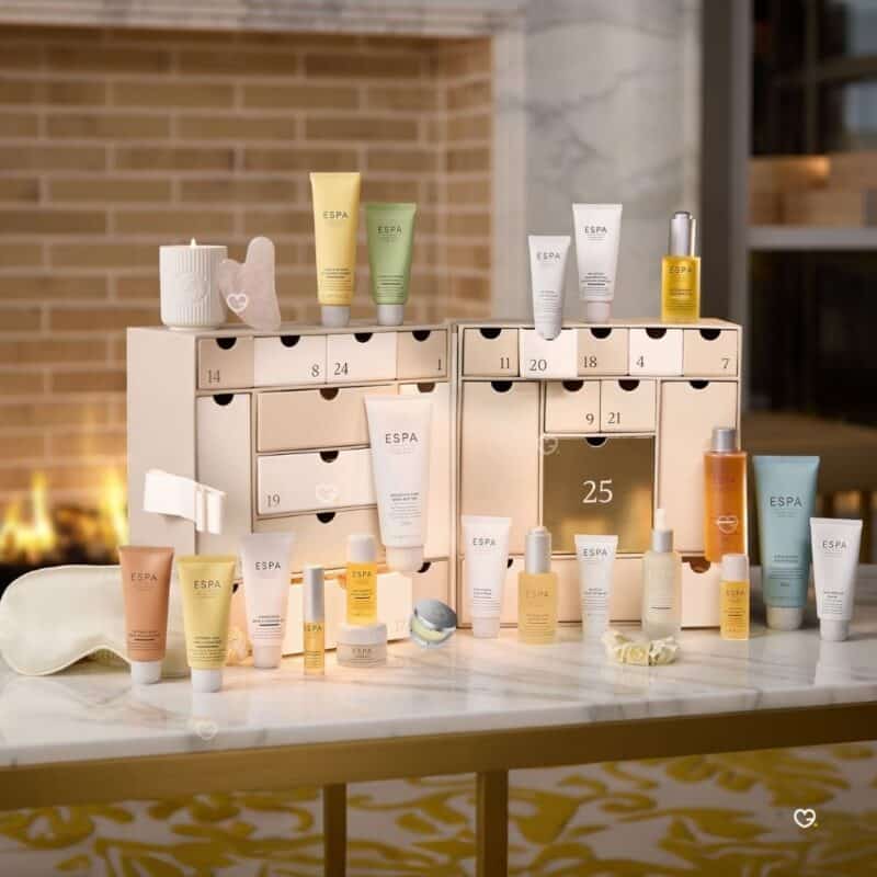 ESPA Advent Calendar 2026 full contents spread by the fireplace