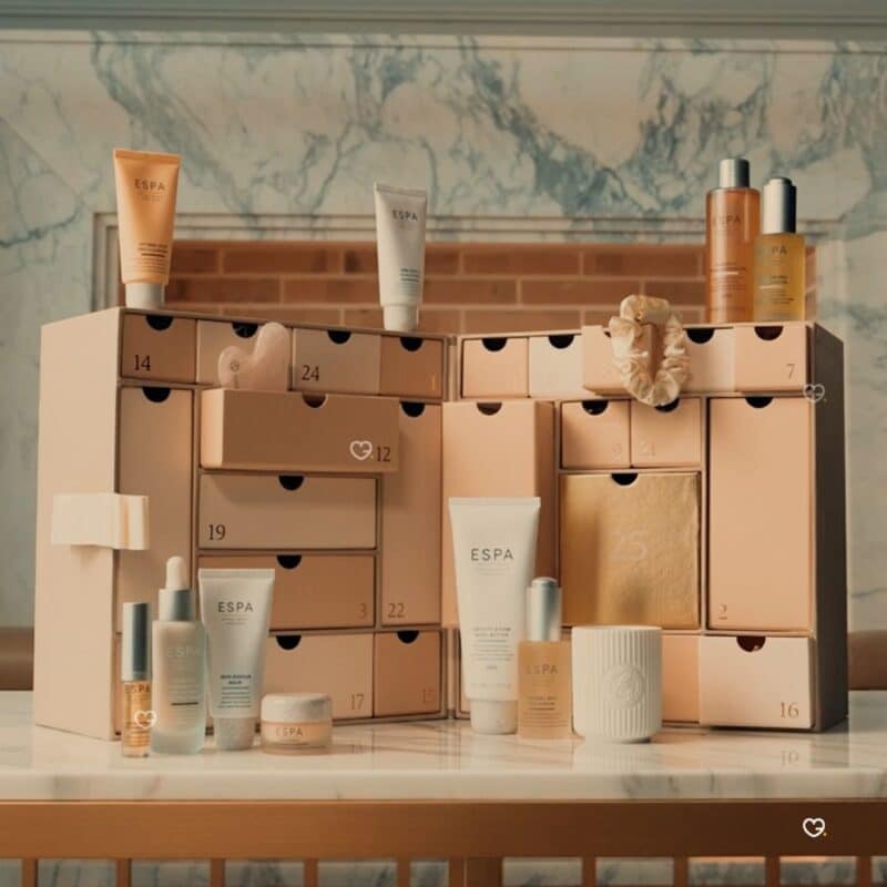 ESPA luxury advent calendar 2026 open on marble with silk scrunchie