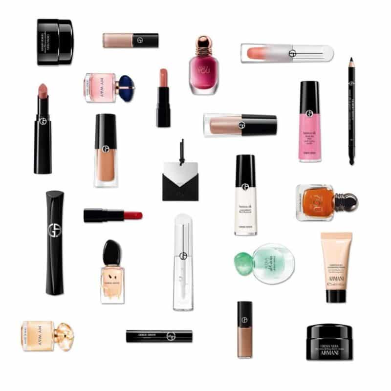 Armani Advent Calendar 2026 spoiler showing every make-up, fragrance and skincare product laid out individually