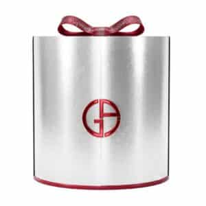 Giorgio Armani Advent Calendar 2026 silver-red panettone cylinder box closed with satin ribbon, Glamorous Winter Escape edition