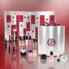 Armani Beauty Advent Calendar 2026 full contents laid out on a red background, make-up and fragrance
