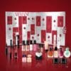 Armani Advent Calendar 2026 contents on a red background, alternative angle of the 24 products