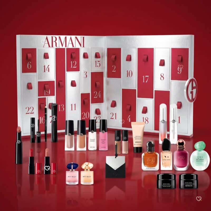 Armani Advent Calendar 2026 contents on a red background, alternative angle of the 24 products