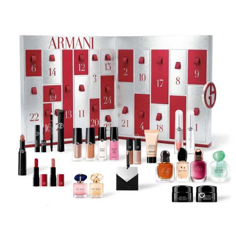 Giorgio Armani Advent Calendar 2026 full contents flat lay on a white background