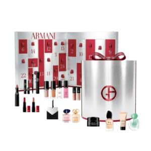 Giorgio Armani Advent Calendar 2026 full make-up, fragrance and skincare line-up beside the panettone cylinder box