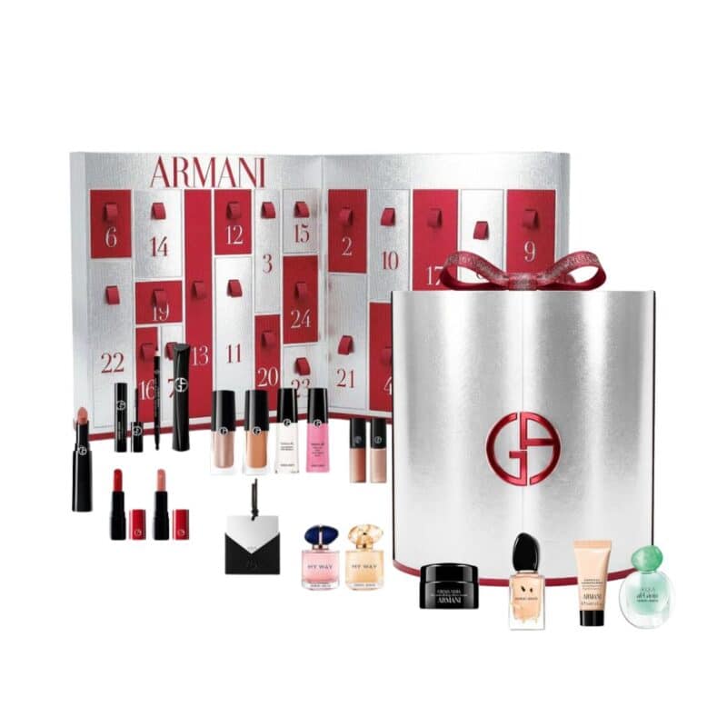 Giorgio Armani Advent Calendar 2026 full make-up, fragrance and skincare line-up beside the panettone cylinder box