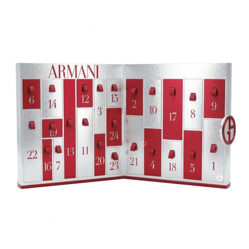 Giorgio Armani Advent Calendar 2026 open flat showing its 24 numbered drawers
