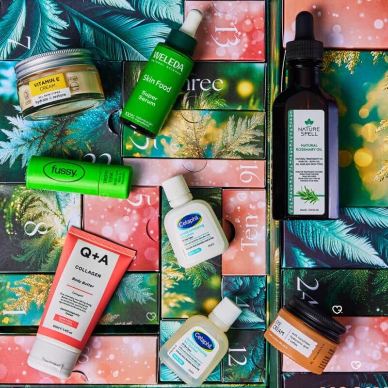 Open drawers of the Holland & Barrett Advent Calendar 2026 showing Weleda, Q+A and Cetaphil products