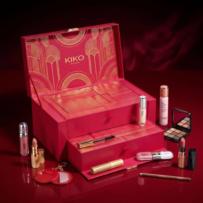 Kiko advent calendar 2026 open case with lipsticks, mascara and skincare on red