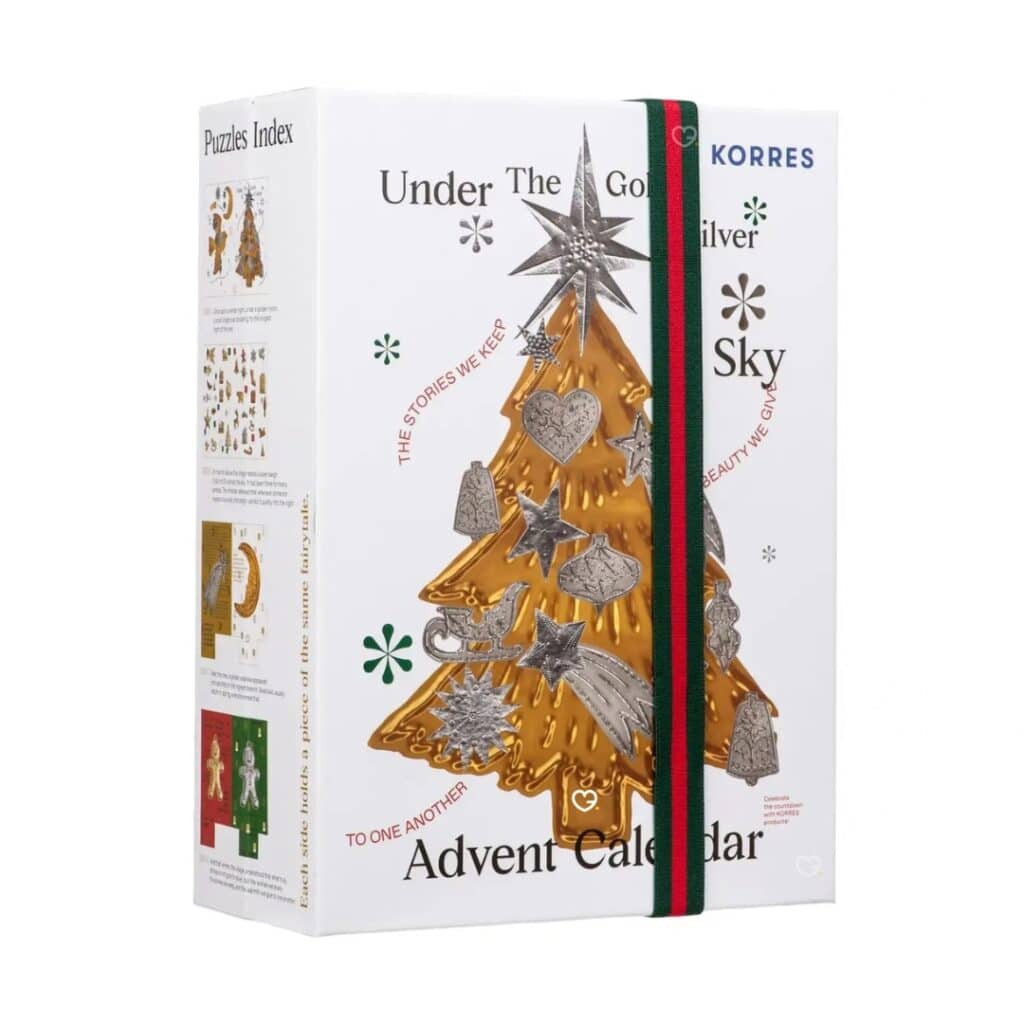 KORRES Advent Calendar 2026 closed box with gold and silver Christmas tree design