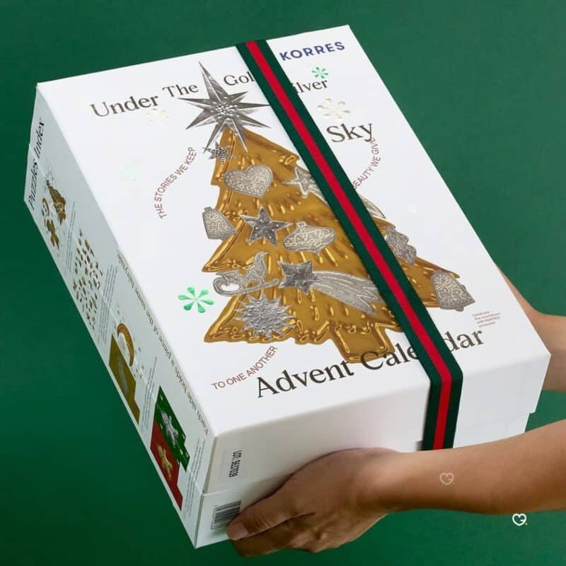 KORRES Advent Calendar 2026 box held in hands, green festive packaging