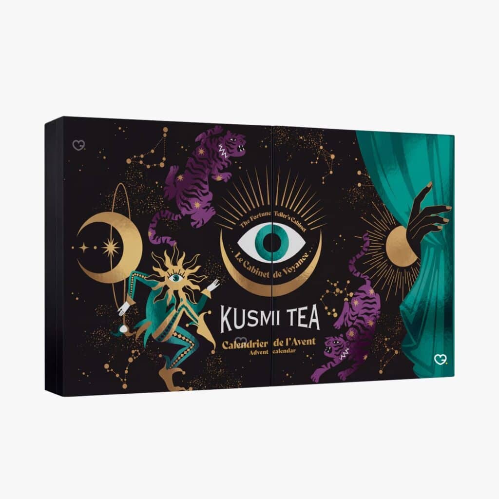 Kusmi Tea Advent Calendar 2026 closed box with black and gold Fortune Tellers Cabinet artwork on white background