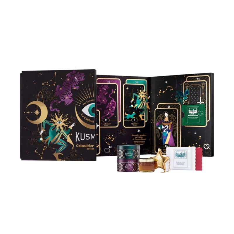 Kusmi Tea Advent Calendar 2026 open and closed with contents on white background