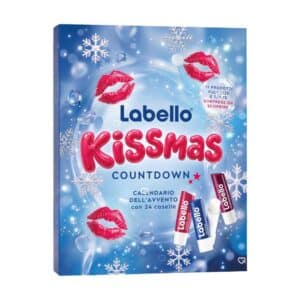 Labello KISSMAS advent calendar 2026 closed pink box on white background, 24-door lip care calendar