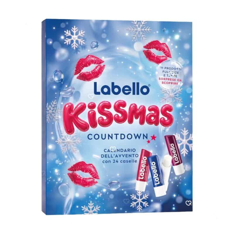 Labello KISSMAS advent calendar 2026 closed pink box on white background, 24-door lip care calendar