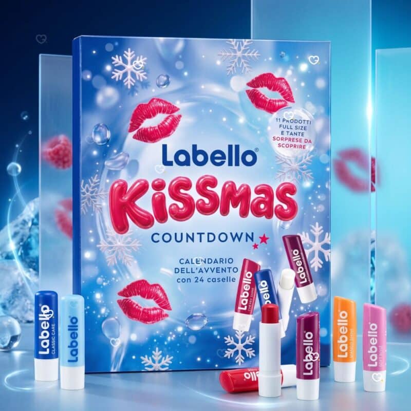Labello KISSMAS advent calendar 2026 festive display with sticks beside the box, beauty advent calendar under 60