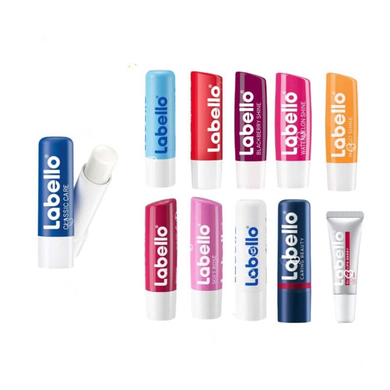 Labello KISSMAS advent calendar 2026 full contents laid out, eleven full-size lip products named