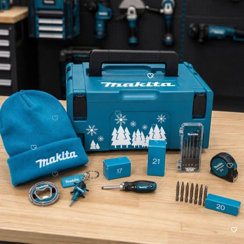 Makita Advent Calendar 2026 tools laid out including ratchet, drill bits and tape measure