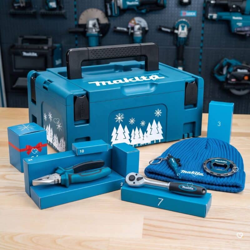 Makita Advent Calendar 2026 workshop scene with tools, beanie and numbered boxes