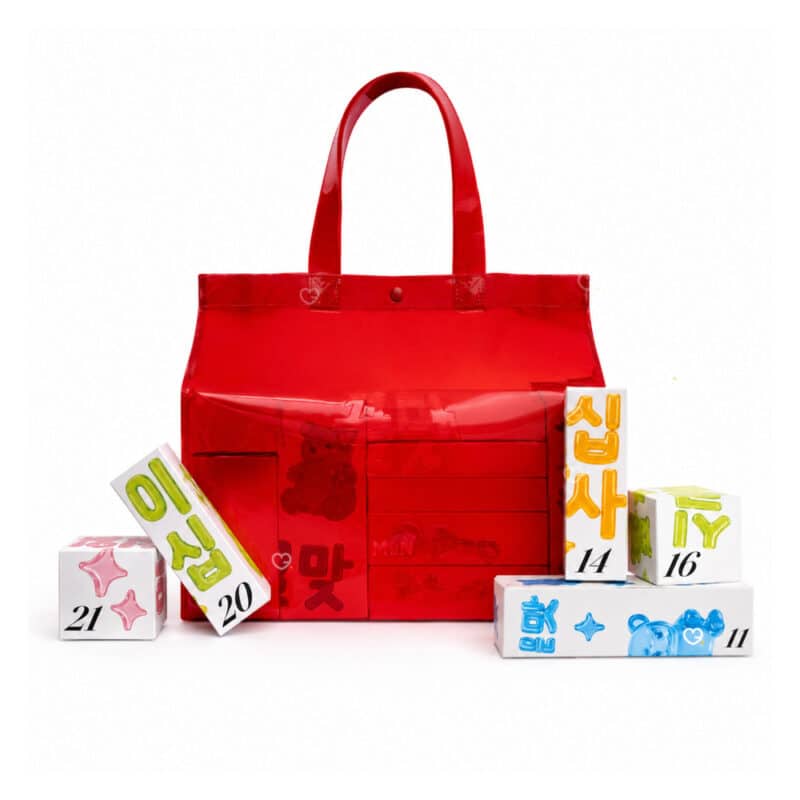 MiiN Cosmetics 2026 advent calendar red tote and 24 skincare boxes on white