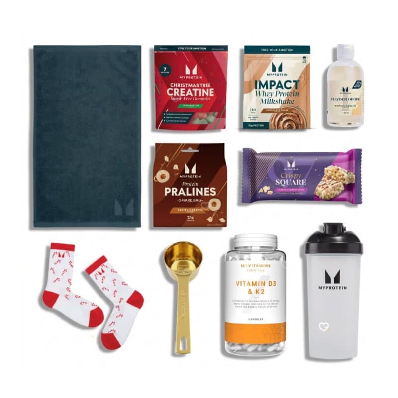 Myprotein Advent Calendar 2026 contents: towel, socks, scoop and snacks.