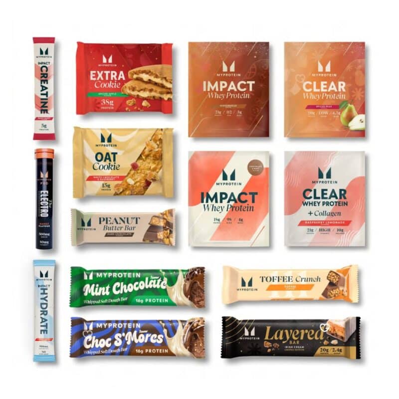 Myprotein Advent Calendar 2026 contents: protein bars and powder sachets.