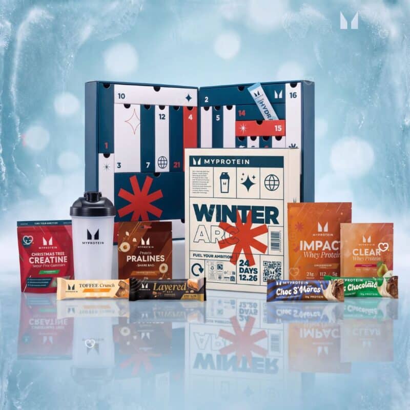 Myprotein protein advent calendar 2026 open with festive products.